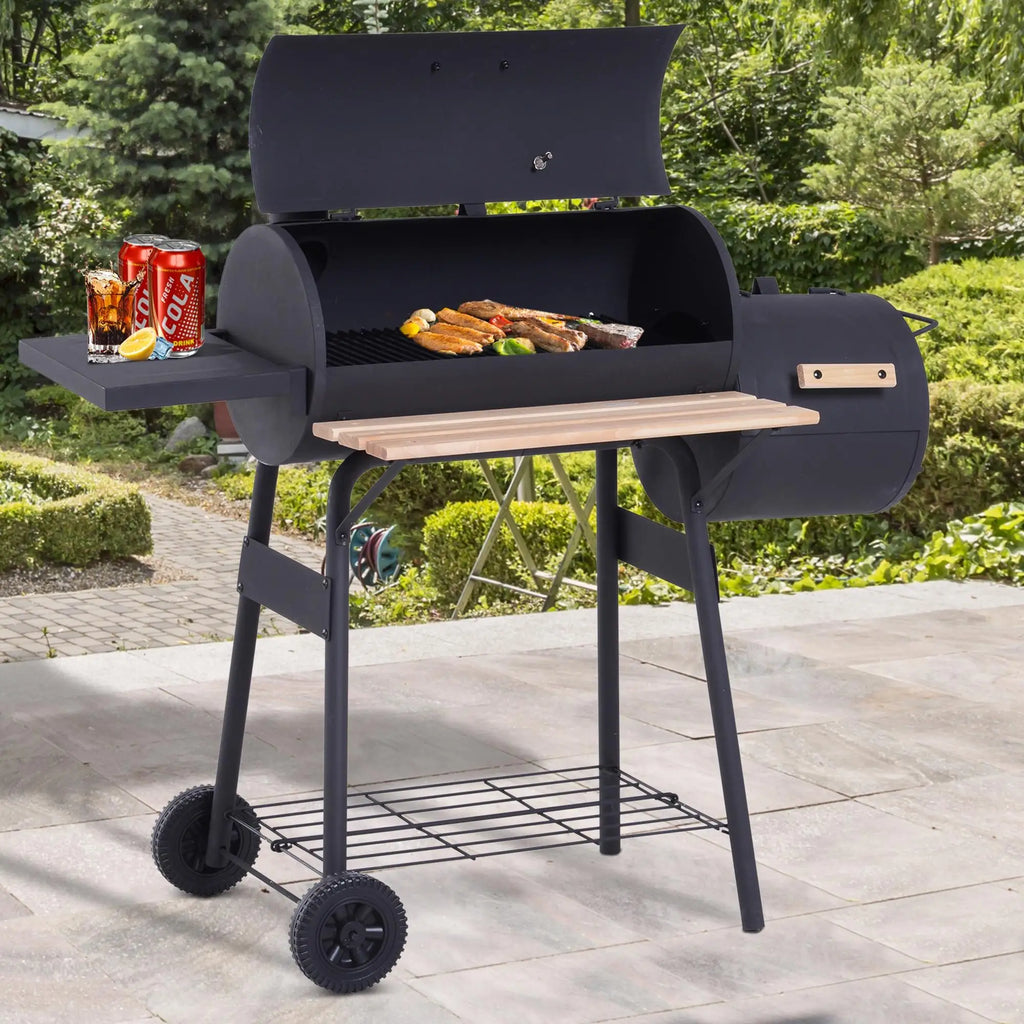 Barbecue Charcoal Smoker Bbq Grill Smoker on Stand with Lid, Wheels, Thermometer, Shelves Cold-Rolled Steel Black