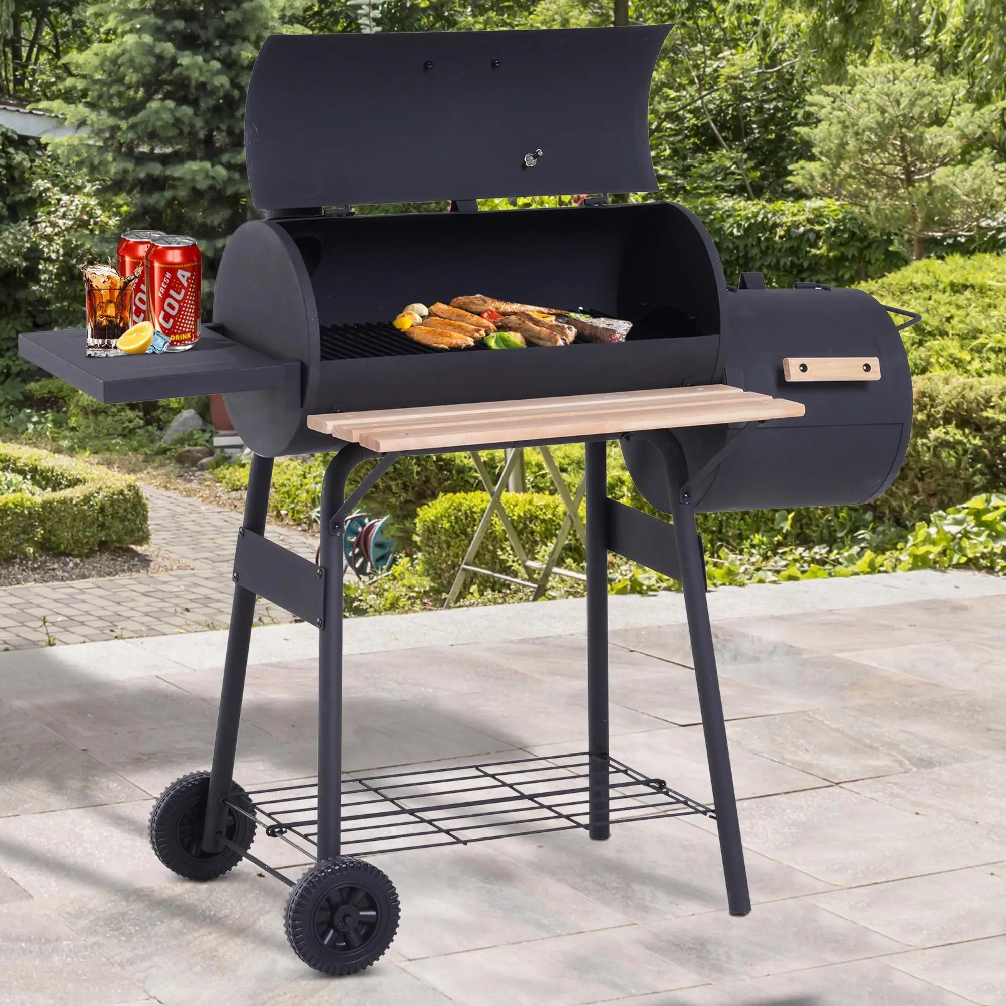 Barbecue Charcoal Smoker Bbq Grill Smoker on Stand with Lid, Wheels, Thermometer, Shelves Cold-Rolled Steel Black