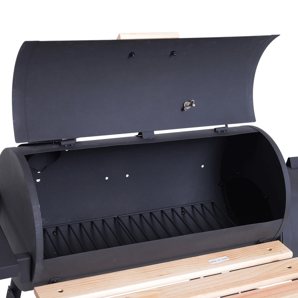 Barbecue Charcoal Smoker Bbq Grill Smoker on Stand with Lid, Wheels, Thermometer, Shelves Cold-Rolled Steel Black