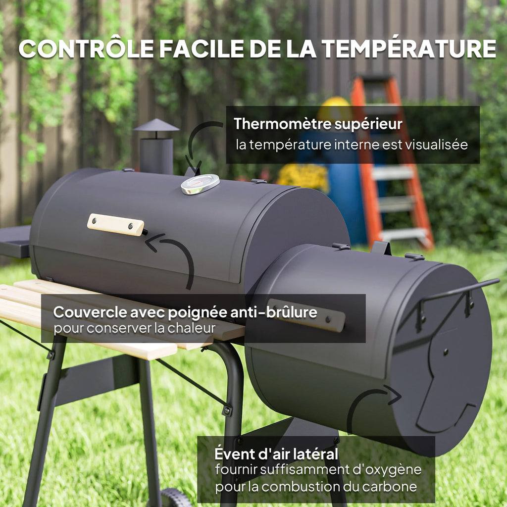 Barbecue Charcoal Smoker Bbq Grill Smoker on Stand with Lid, Wheels, Thermometer, Shelves Cold-Rolled Steel Black
