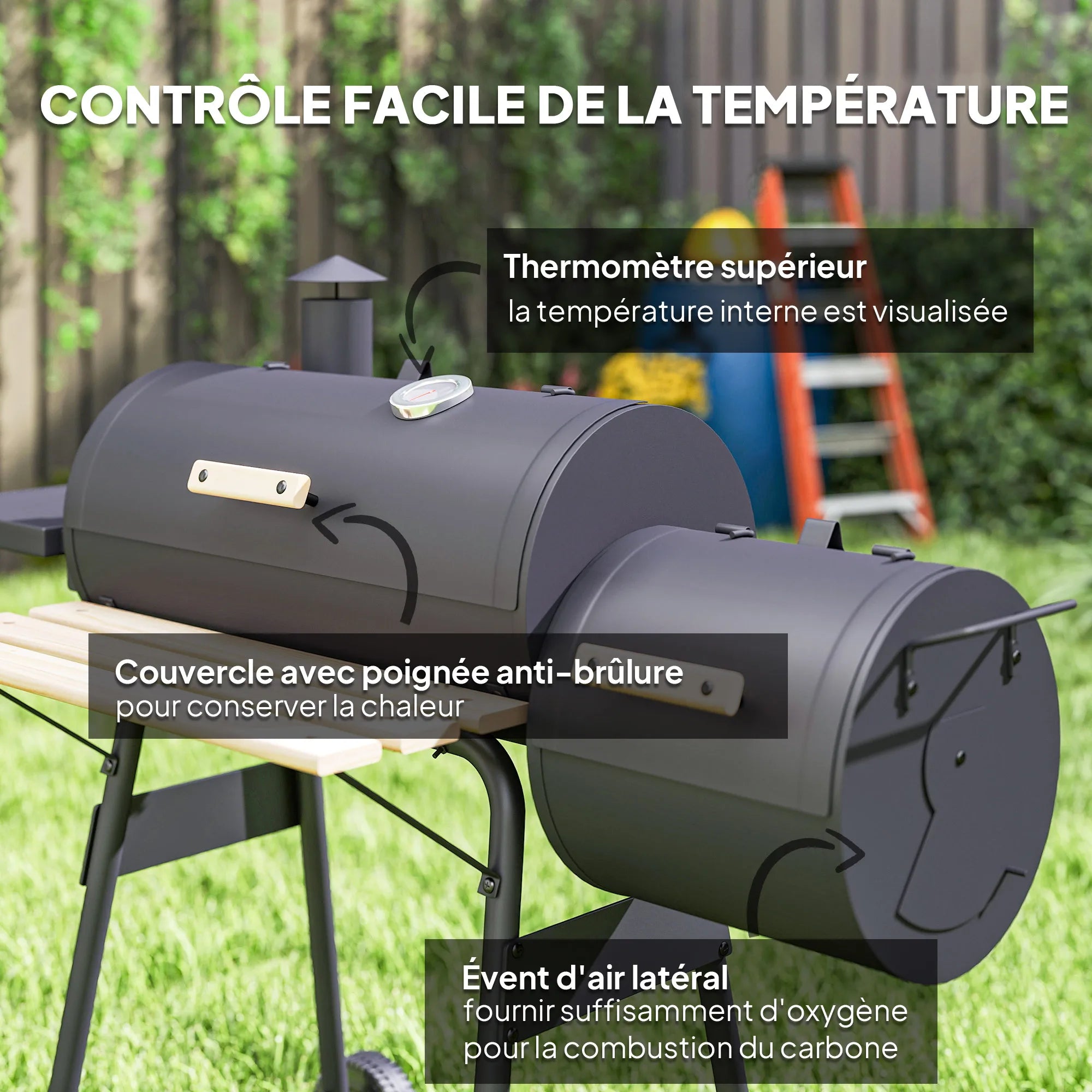 Barbecue Charcoal Smoker Bbq Grill Smoker on Stand with Lid, Wheels, Thermometer, Shelves Cold-Rolled Steel Black