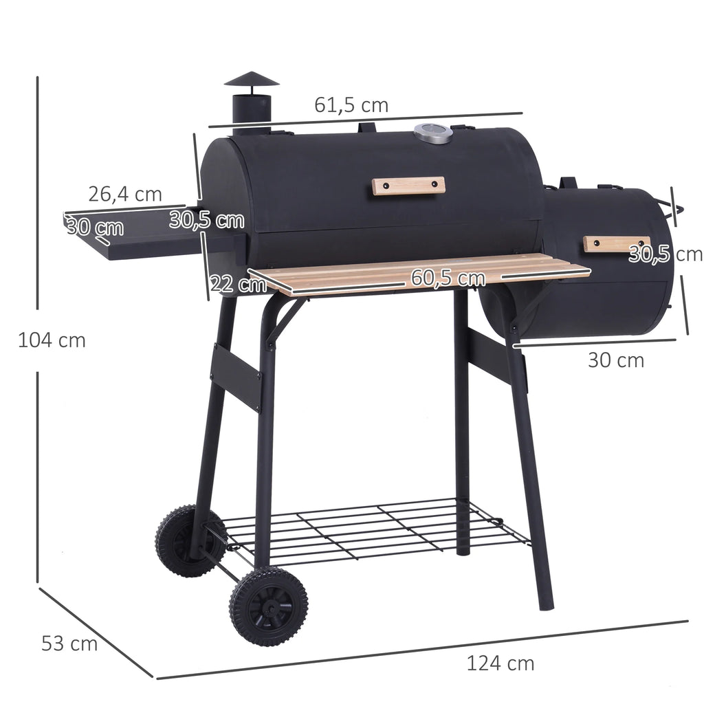 Barbecue Charcoal Smoker Bbq Grill Smoker on Stand with Lid, Wheels, Thermometer, Shelves Cold-Rolled Steel Black
