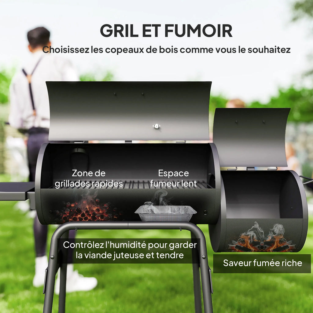 Barbecue Charcoal Smoker Bbq Grill Smoker on Stand with Lid, Wheels, Thermometer, Shelves Cold-Rolled Steel Black
