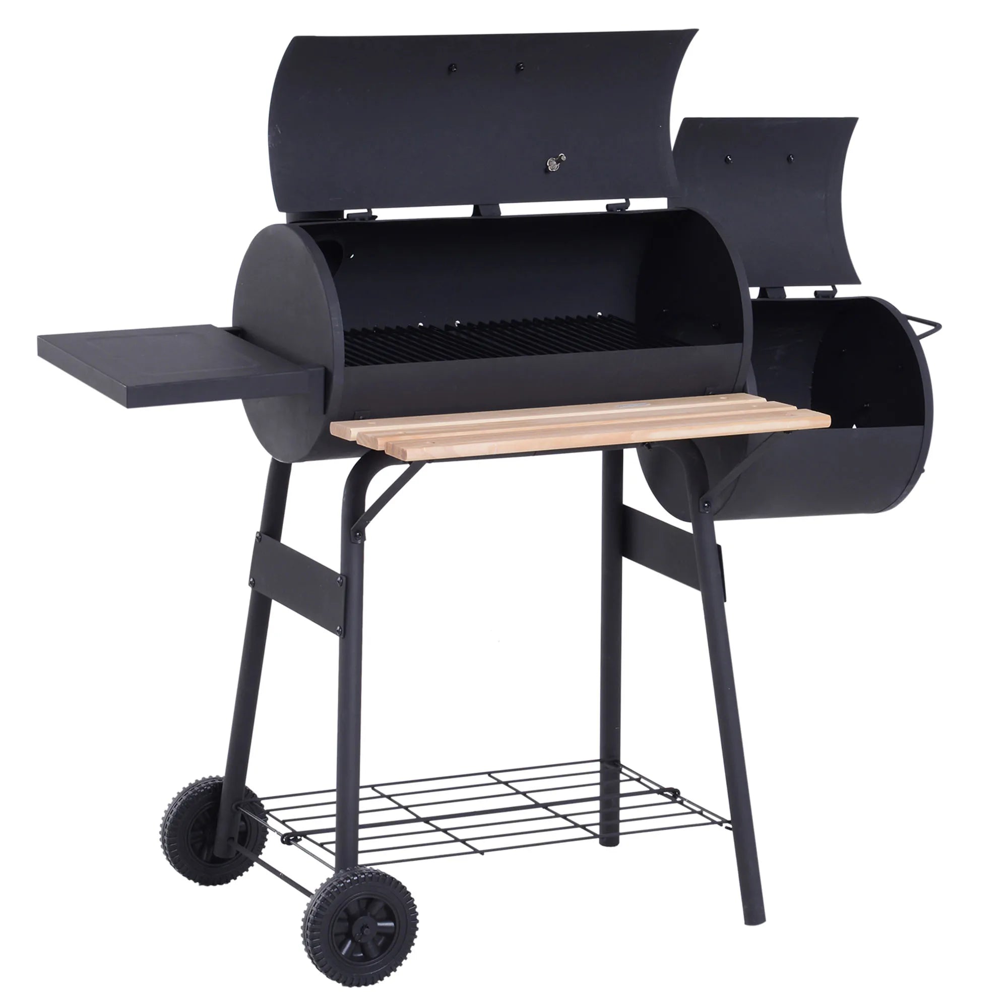 Barbecue Charcoal Smoker Bbq Grill Smoker on Stand with Lid, Wheels, Thermometer, Shelves Cold-Rolled Steel Black