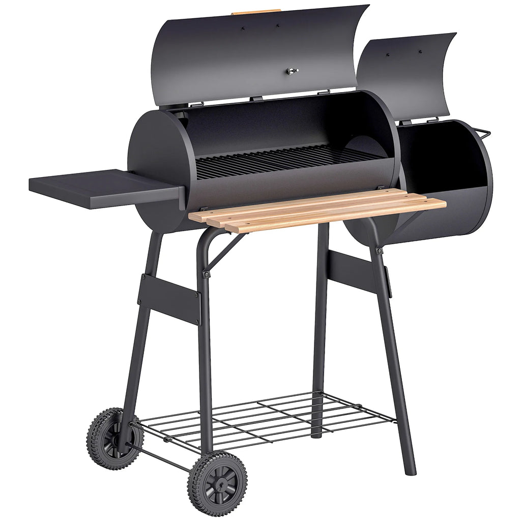 Barbecue Charcoal Smoker Bbq Grill Smoker on Stand with Lid, Wheels, Thermometer, Shelves Cold-Rolled Steel Black