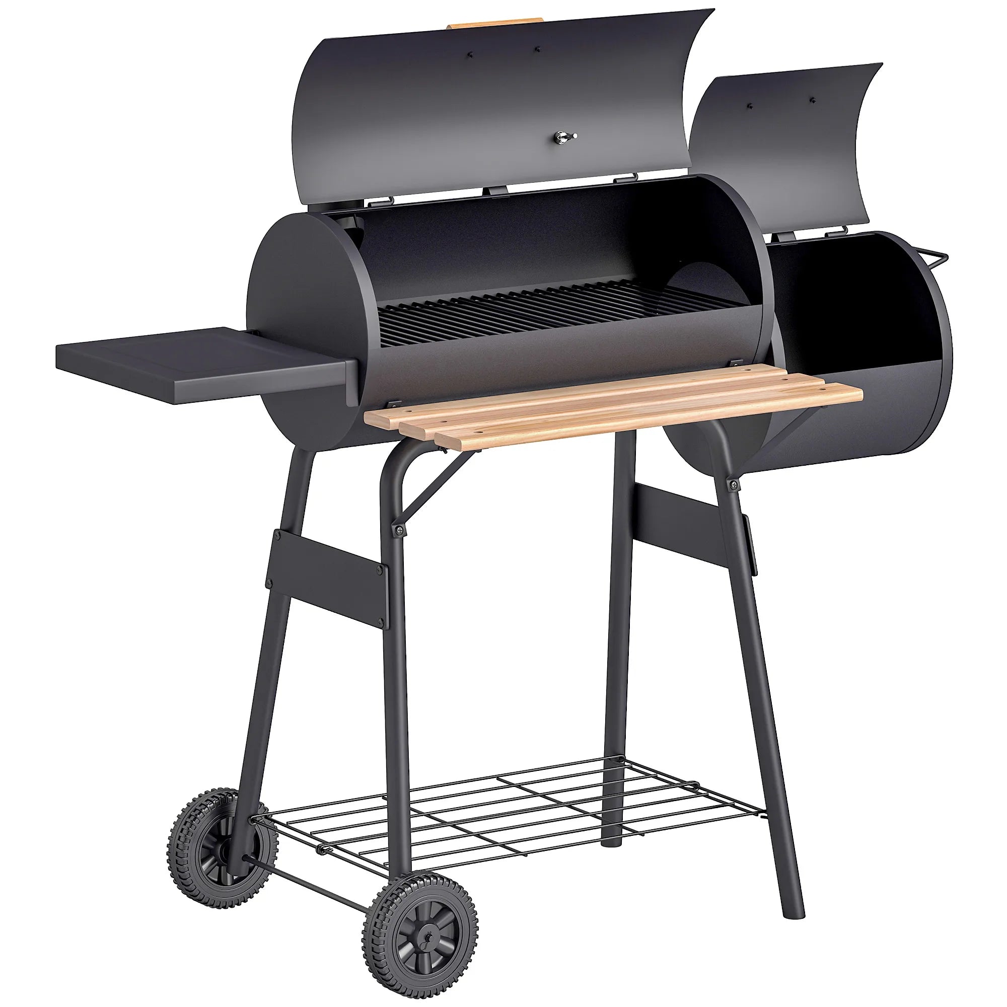 Barbecue Charcoal Smoker Bbq Grill Smoker on Stand with Lid, Wheels, Thermometer, Shelves Cold-Rolled Steel Black