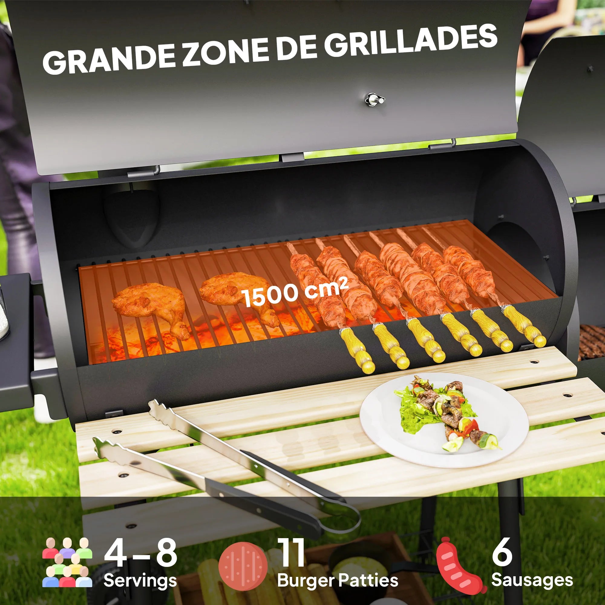 Barbecue Charcoal Smoker Bbq Grill Smoker on Stand with Lid, Wheels, Thermometer, Shelves Cold-Rolled Steel Black