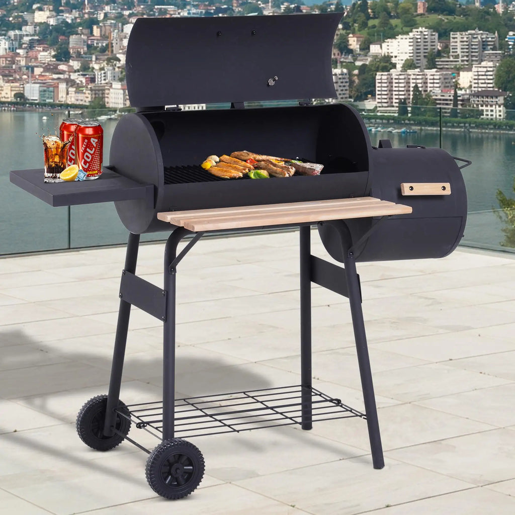 Barbecue Charcoal Smoker Bbq Grill Smoker on Stand with Lid, Wheels, Thermometer, Shelves Cold-Rolled Steel Black