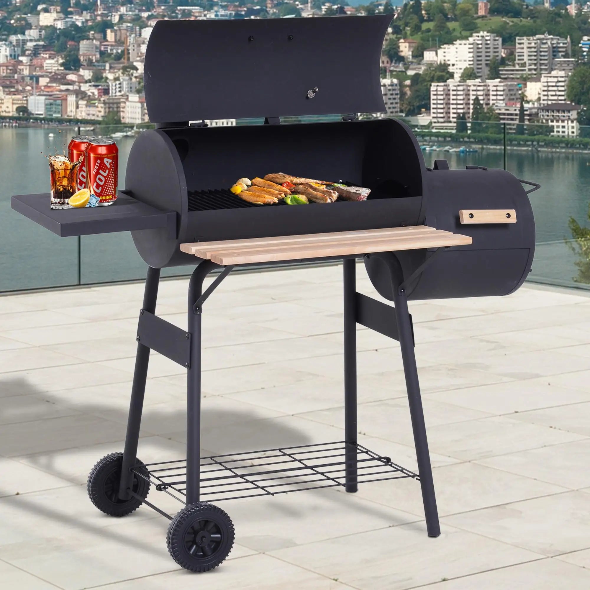 Barbecue Charcoal Smoker Bbq Grill Smoker on Stand with Lid, Wheels, Thermometer, Shelves Cold-Rolled Steel Black
