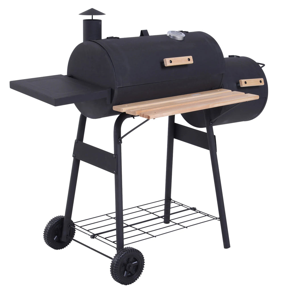 Barbecue Charcoal Smoker Bbq Grill Smoker on Stand with Lid, Wheels, Thermometer, Shelves Cold-Rolled Steel Black
